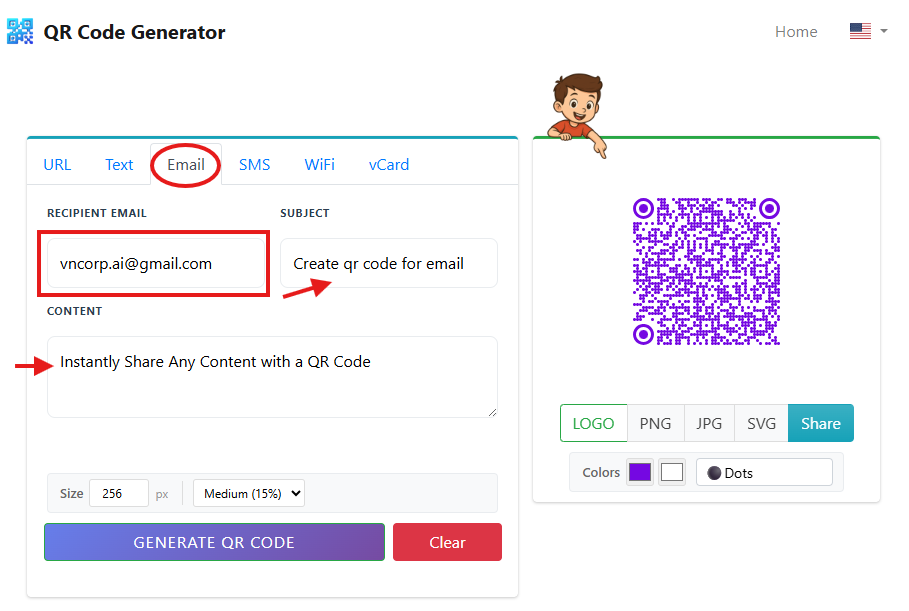 Enter email address, subject, and message