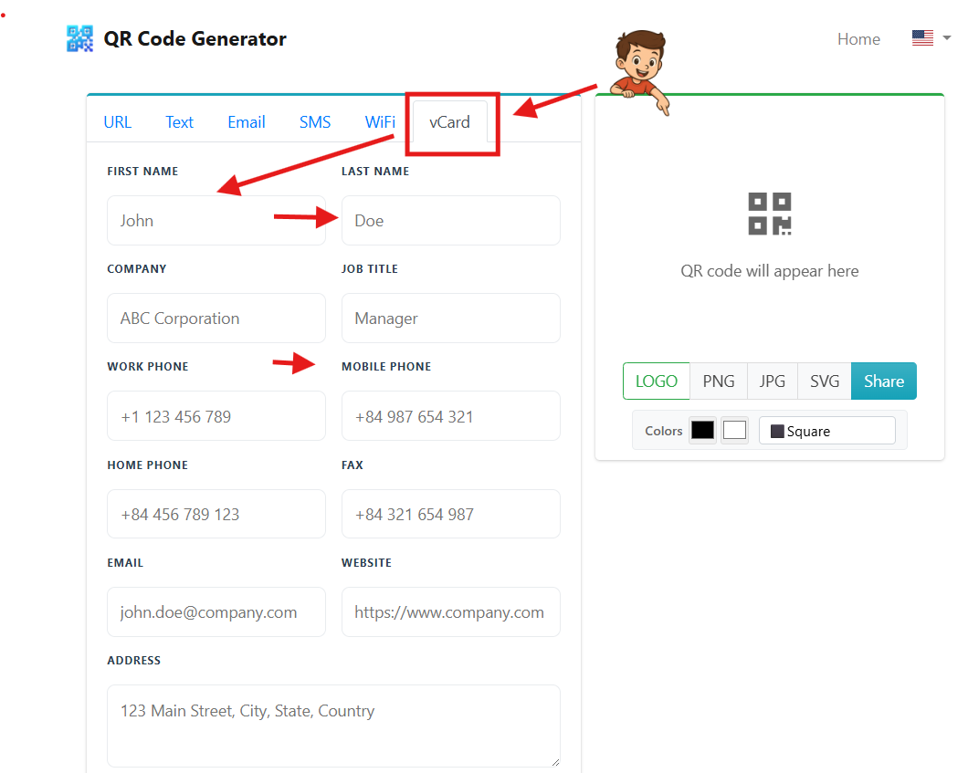 Enter vCard contact information